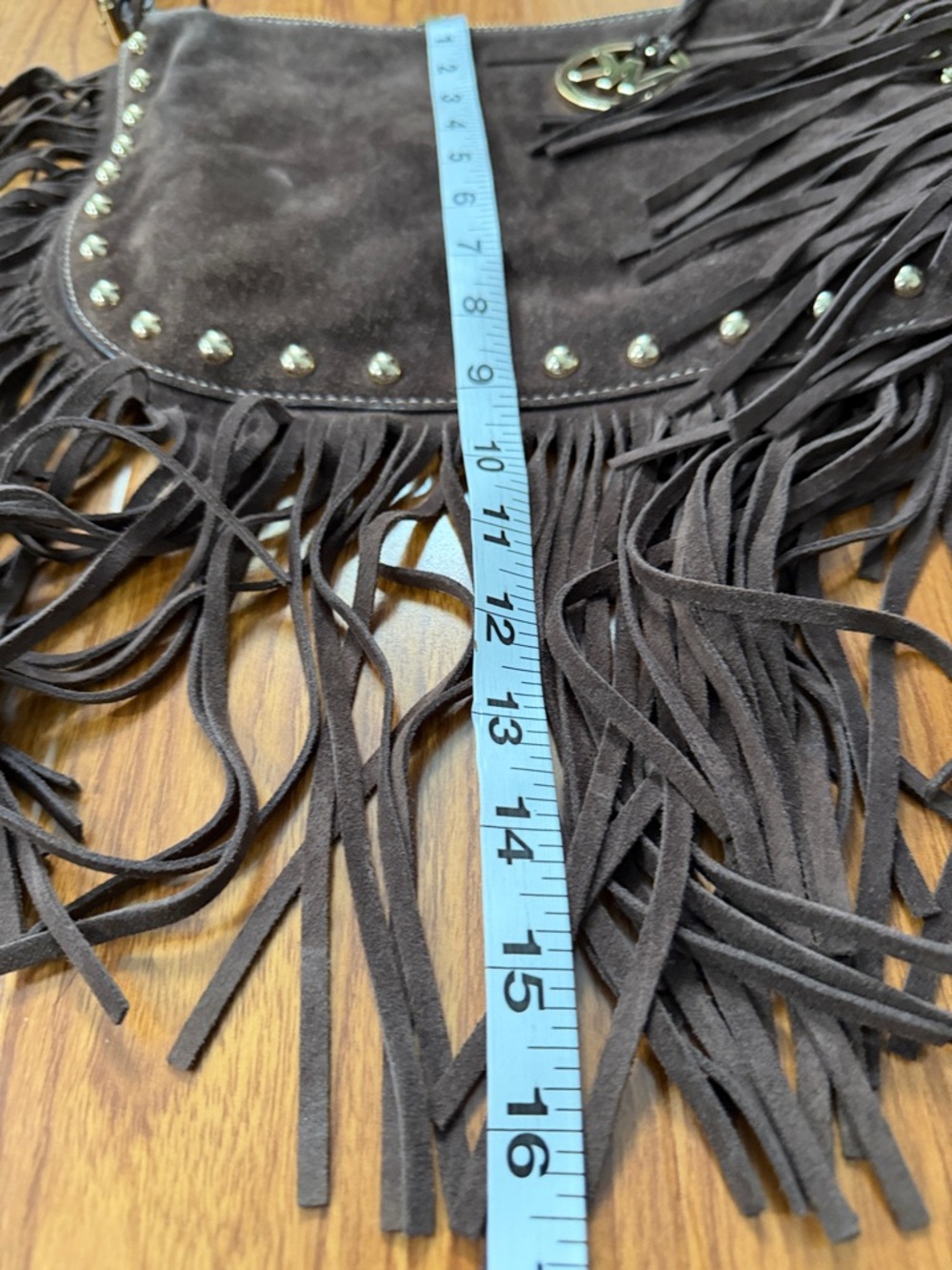 Michael Kors Dark Brown Suede Fringe Shoulder Bag with Logo Charm - Picture 4 of 7